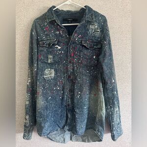 Carbon denim blue shirt distressed ripped paint splatter trucker hip hop size L